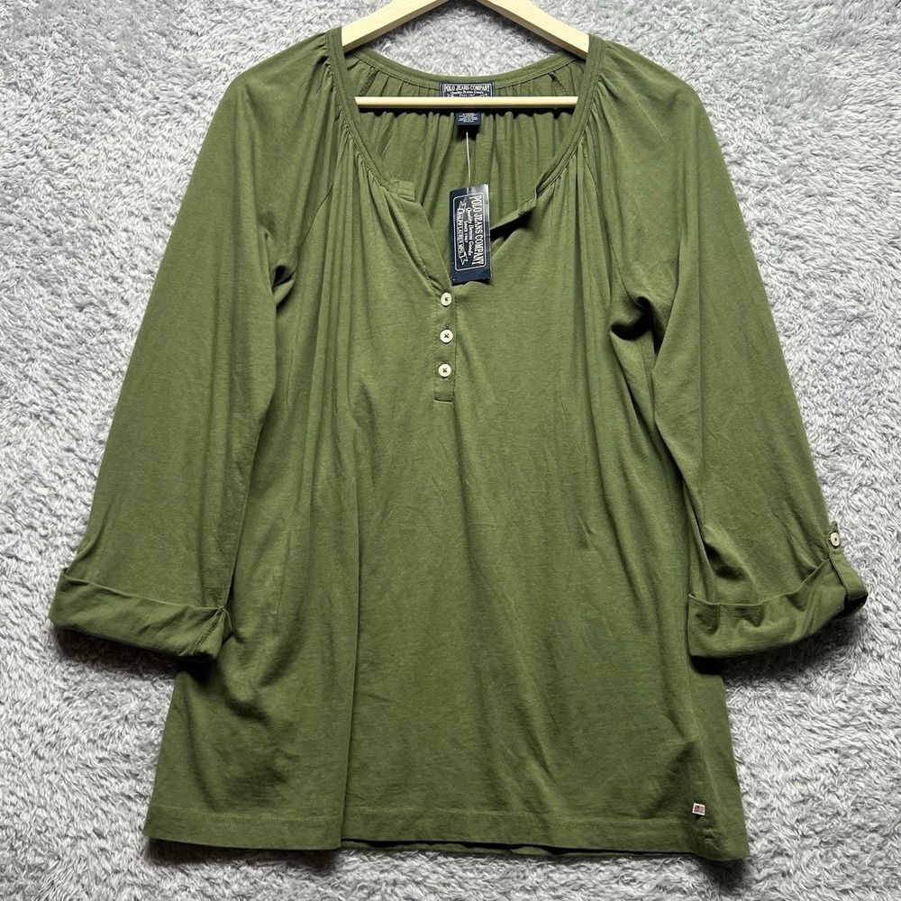 Polo Jeans Company Top Womens Large Olive Green 3/4 Sleeve Henley Pullover Tunic
